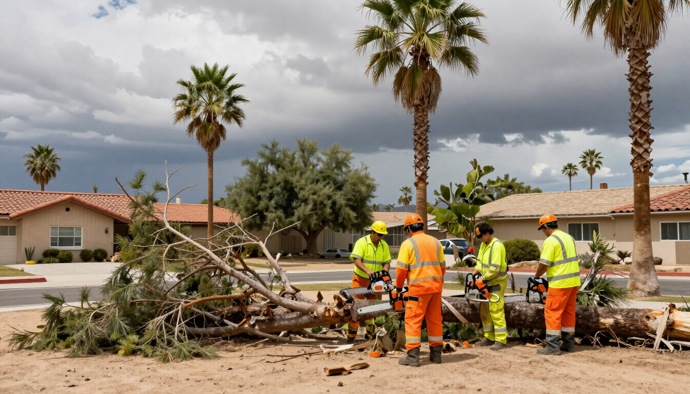 Workers in safety gear clear storm debris from a suburban street lined with palm trees.