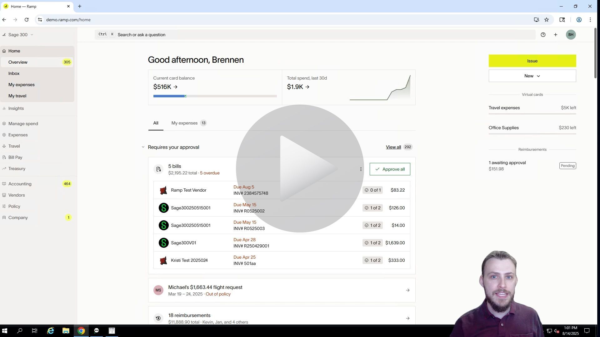 Man demonstrates Sage 300 ERP integration to Ramp Software - Add a Vendor