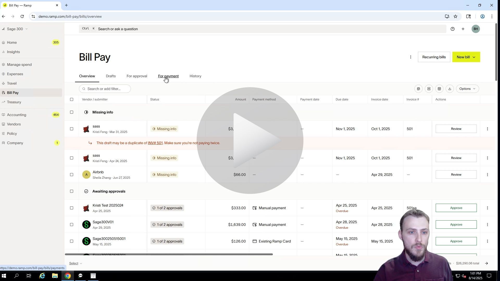 Screenshot of a web page with financial transaction information; a man in a black shirt appears in the lower right corner.