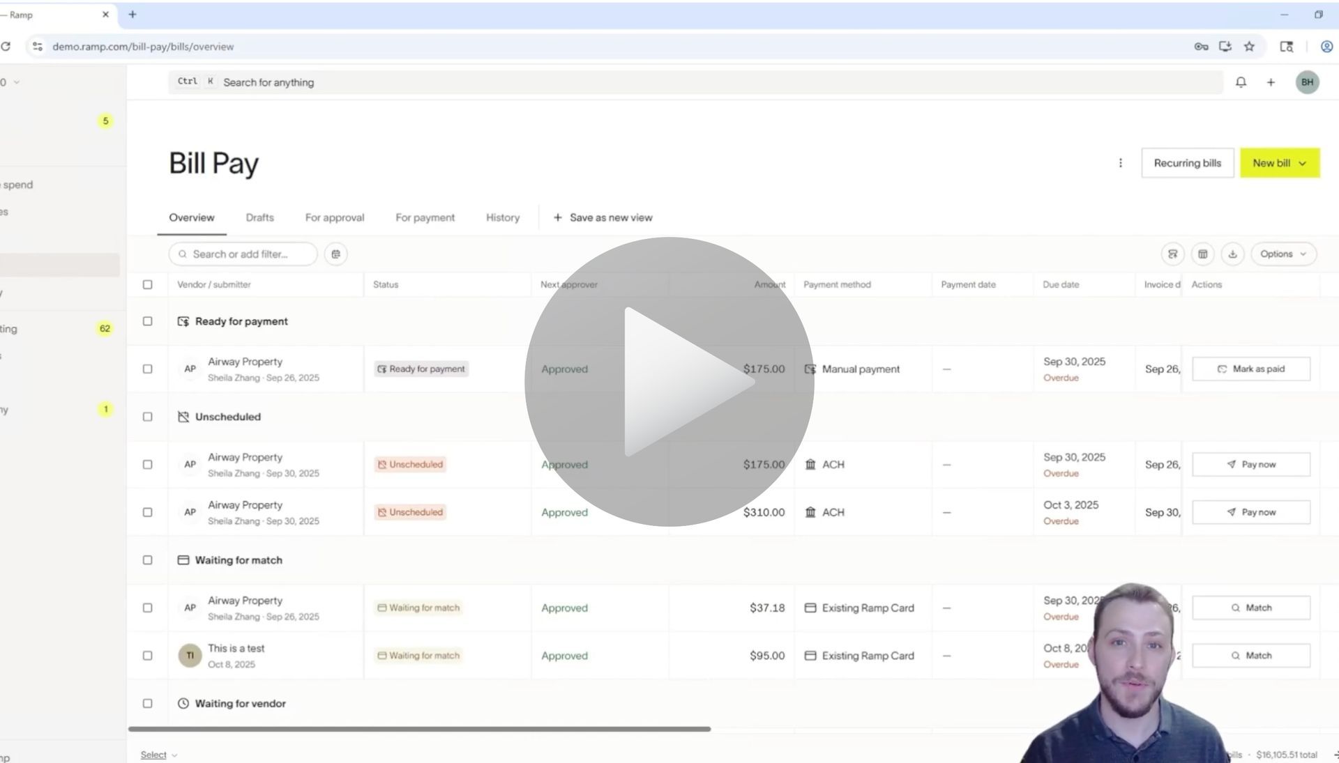 Creating a bill and syncing for Ramp to Sage 100 
