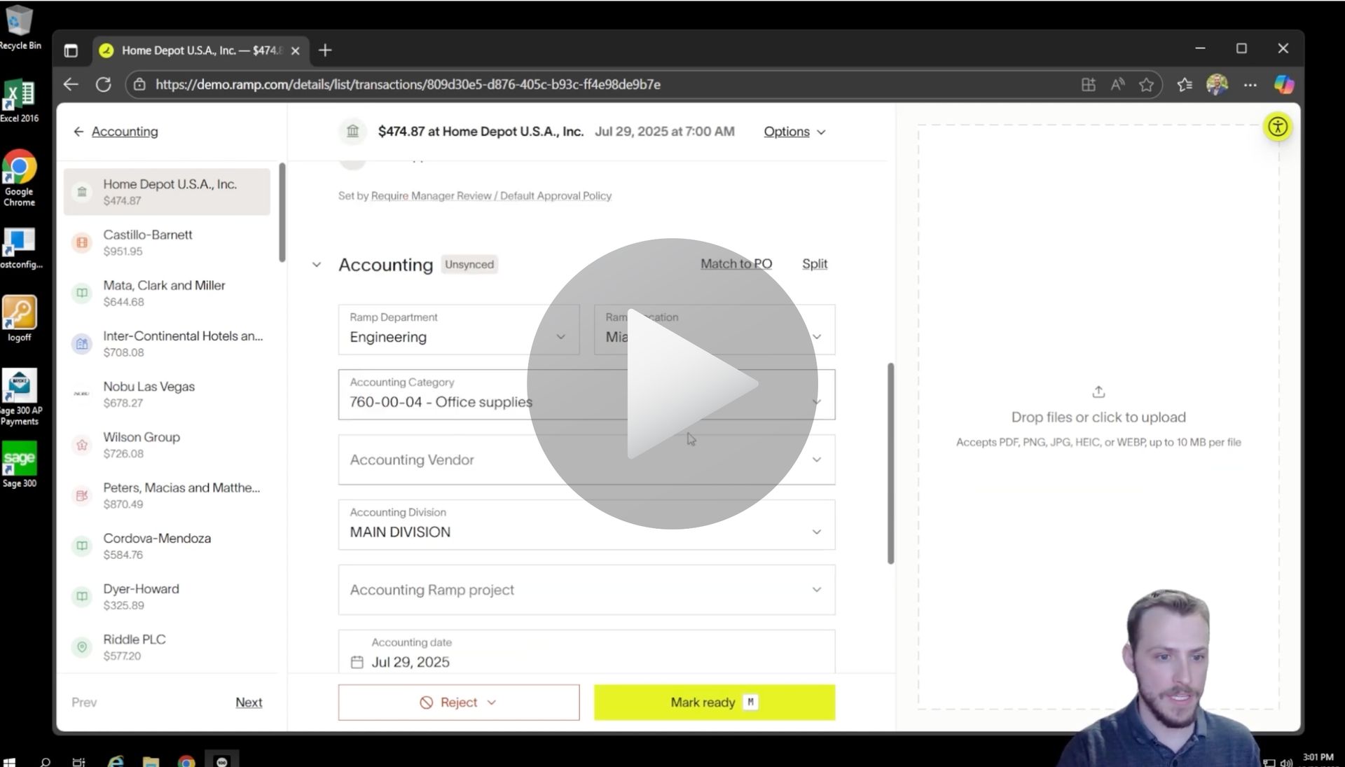 Man demonstrates Sage ERP integration to Ramp Software - How to Sync Credit Card Transactions