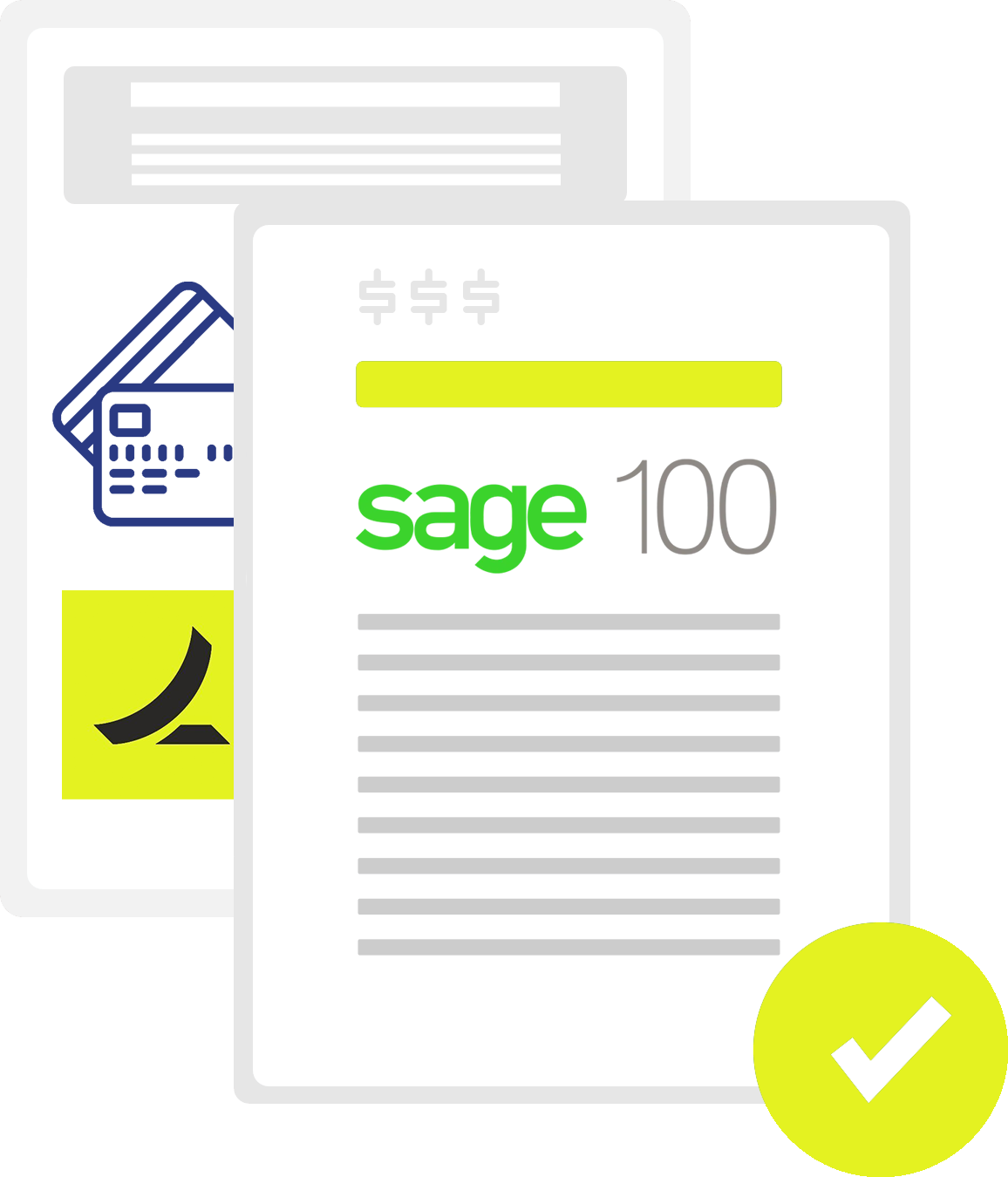 Two documents, one featuring a credit card icon representing Ramp, the other Sage 100 logo, with a checkmark.
