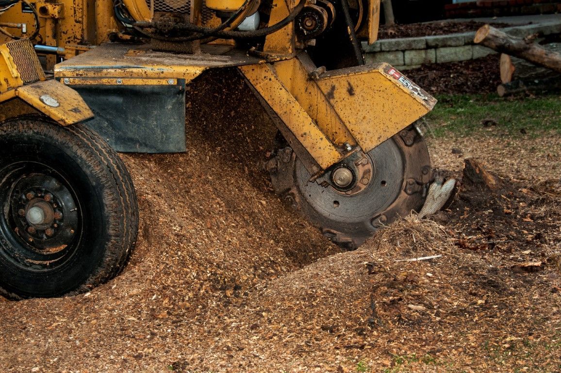 Yellow wood chipper shredding branches on a dirt and grass surface