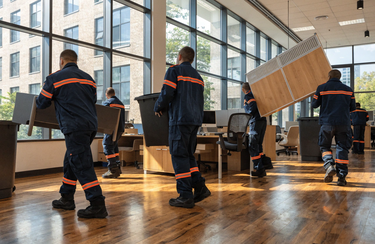 Two people in blue jumpsuits clear office equipment into a recycling bin and trash bags within an office space.