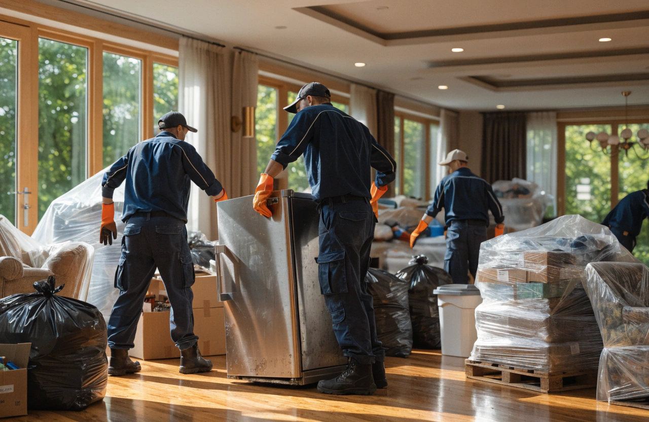 Movers in blue uniforms and orange gloves work to pack and move a refrigerator in a large, brightly lit home.