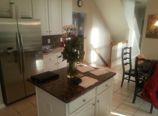 Modern kitchen with wooden floors, dark cabinets, white countertop island, and stainless steel appliances.