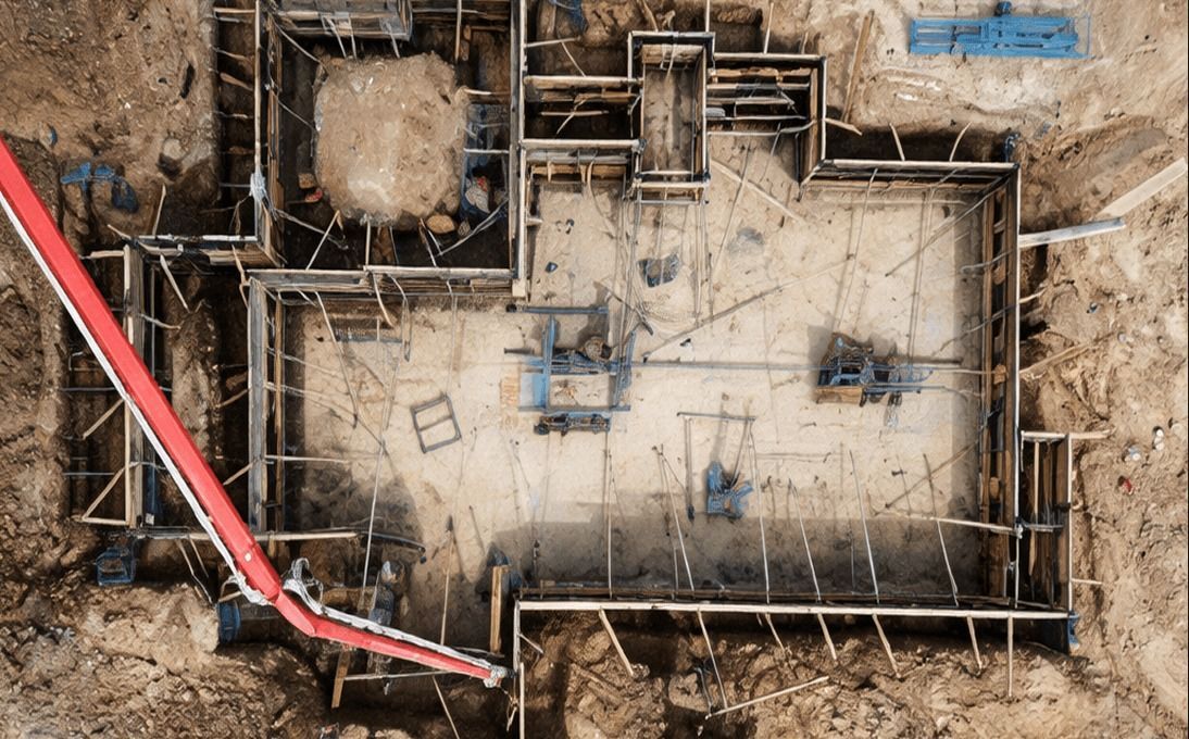 Aerial view of a concrete building foundation under construction with red piping and dirt surrounding it