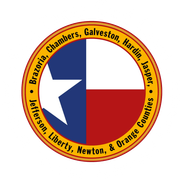 A Texas flag in a circle with the words Brazoria, Chambers, Galveston, Hardin, Jefferson, Liberty, Newton and Orange counties