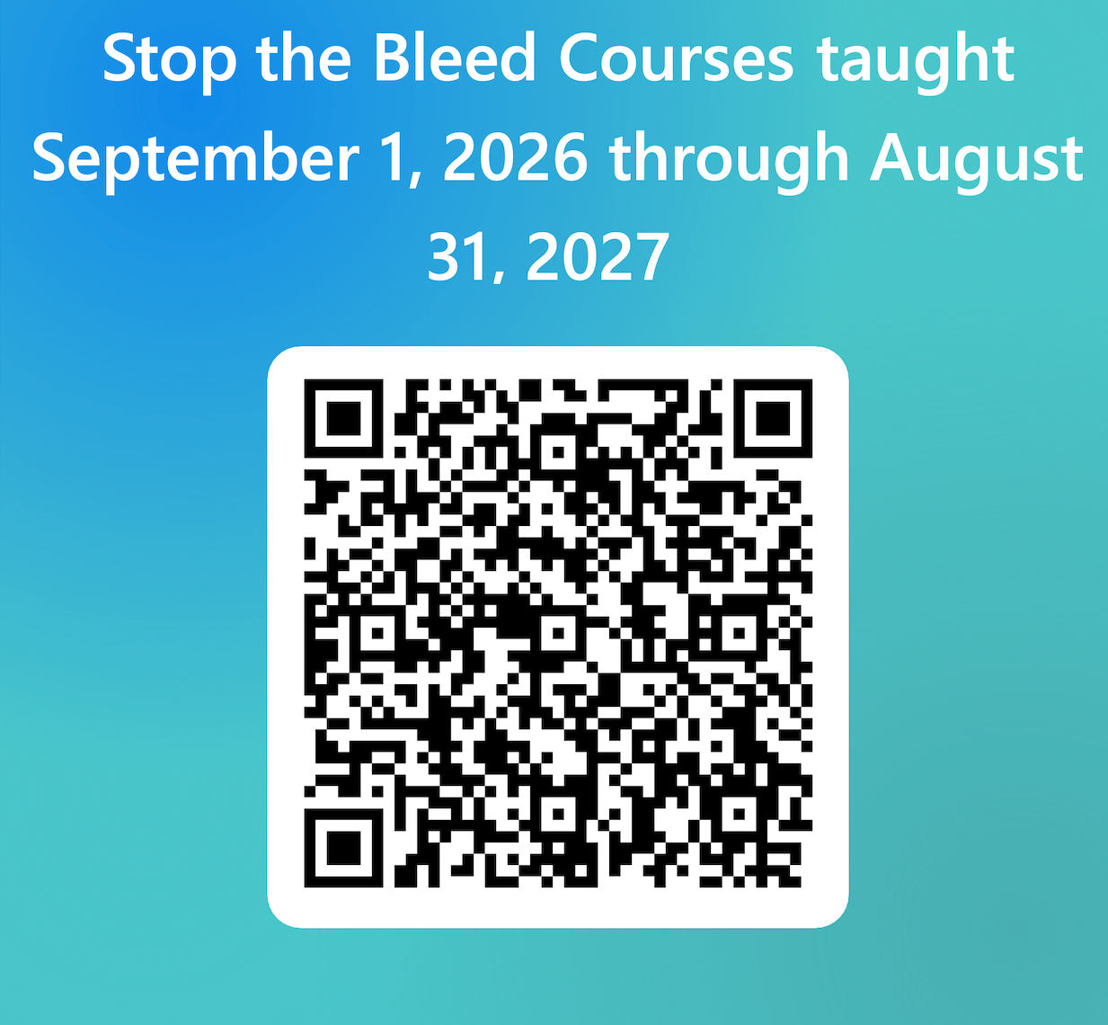 Stop the Bleed course dates text above a QR code on a blue gradient background