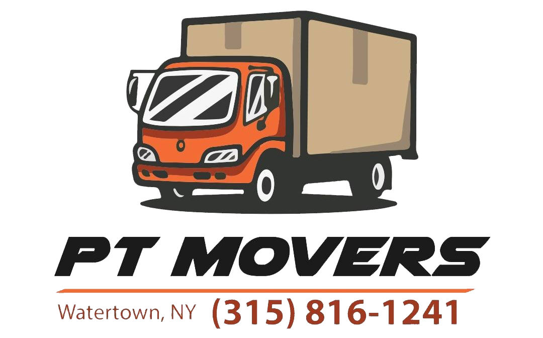 PT Movers logo with orange moving truck and text “Watertown, NY (315) 816-1241”