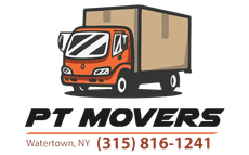 PT Movers logo with orange moving truck and text “Watertown, NY (315) 816-1241”