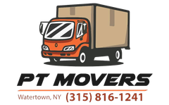 PT Movers logo with orange moving truck and text &ldquo;Watertown, NY (315) 816-1241&rdquo;