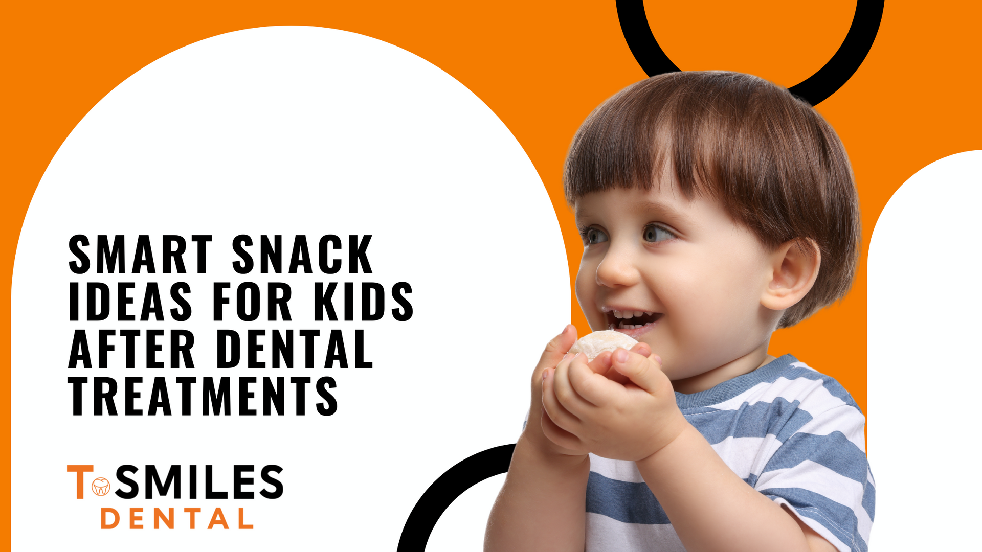 A smiling child holding a snack, with text