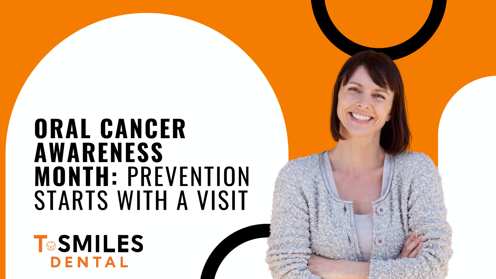 A woman is smiling with her arms crossed for oral cancer awareness month.