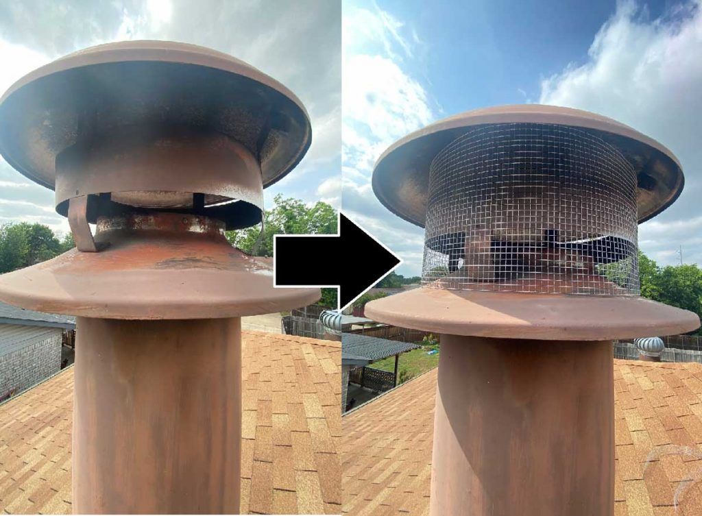 A before and after picture of a chimney on a roof.
