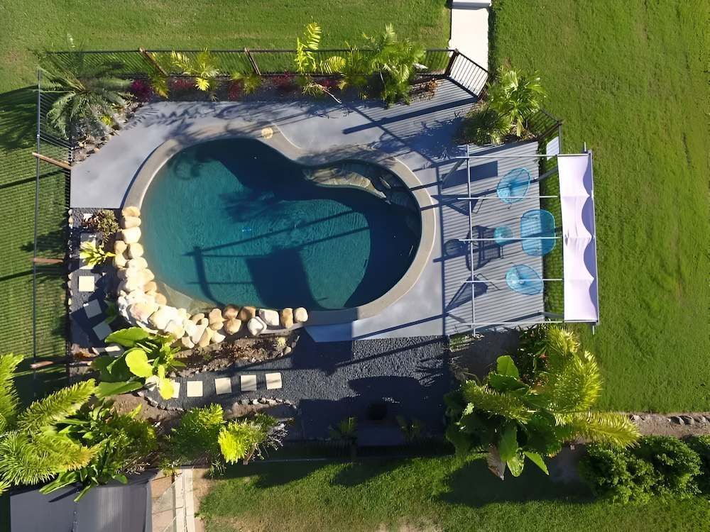 An Aerial View of a Swimming Pool Surrounded by Palm Trees — Sun City Pools In Hyde Park, QLD