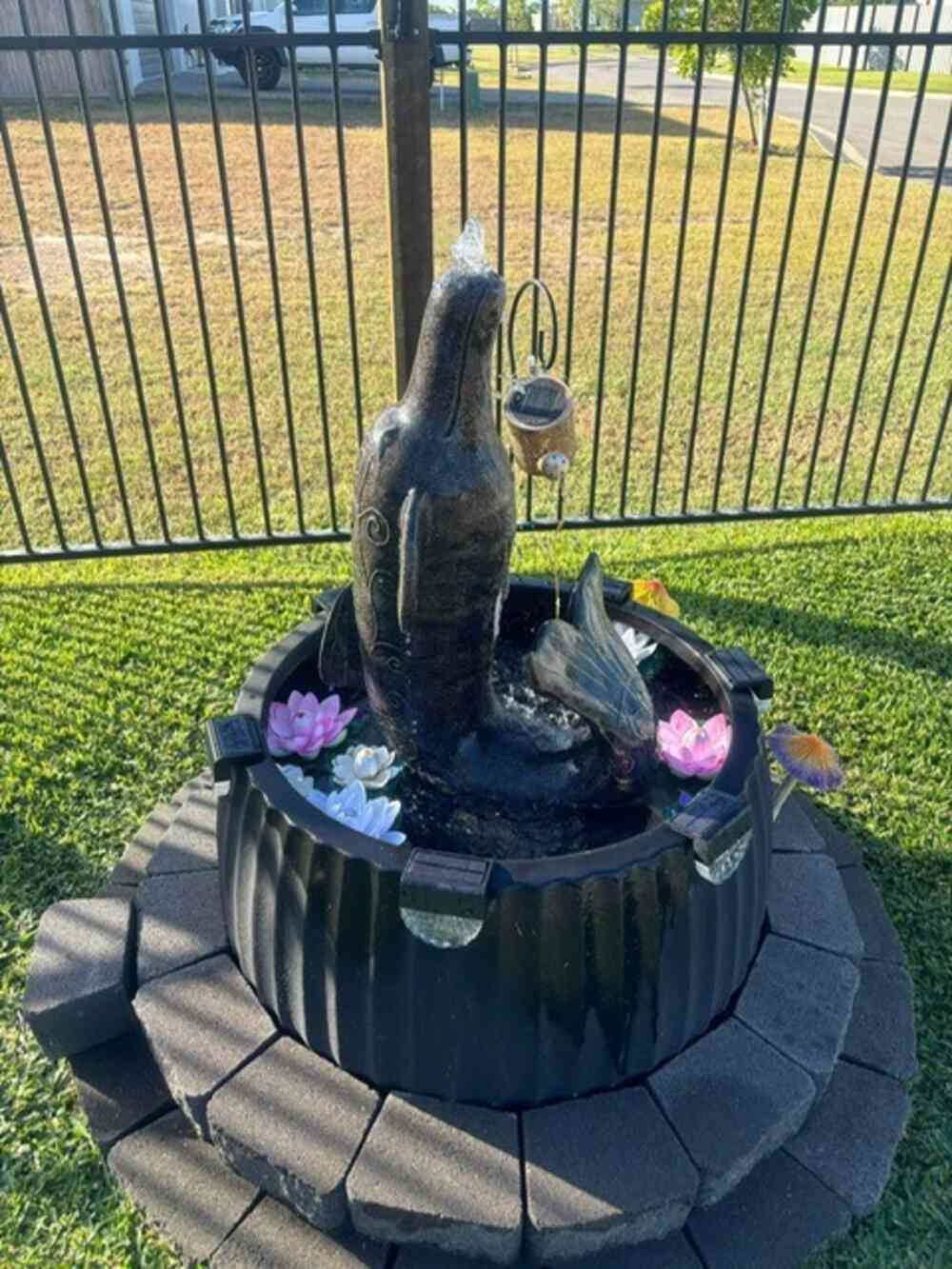 A Fountain With a Penguin and Flowers in It is Sitting in the Grass — Sun City Pools In Hyde Park, QLD