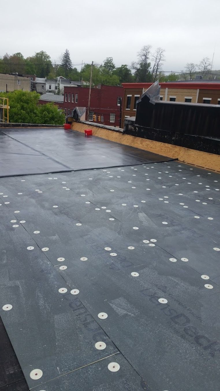 Flat rooftop with dark membrane and white fasteners, overlooking trees and red buildings under a cloudy sky