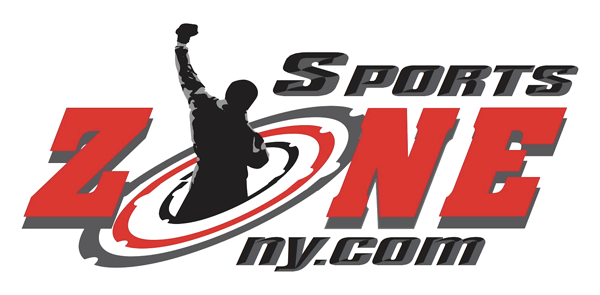Logo for Sports Zone NY featuring a silhouetted figure with raised fist in the middle of a red and grey graphic.