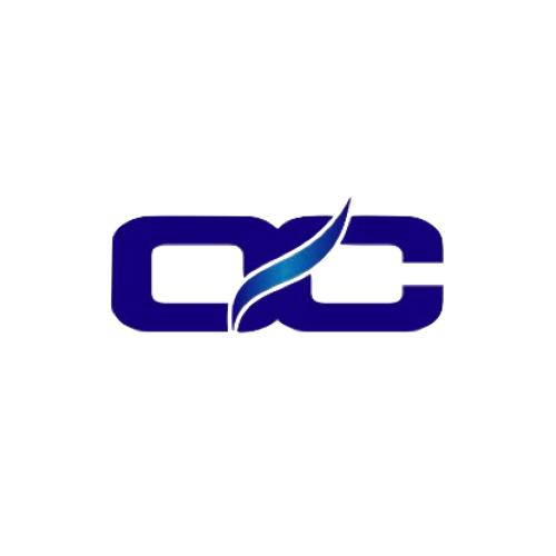 Blue logo with interlocking letters "OC" and a stylized blue curved line.