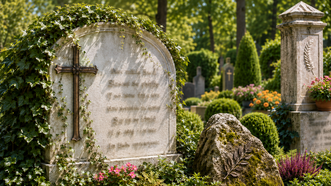 Stone memorial plaques in a lush flowered garden, framed by mossy rocks and trimmed greenery