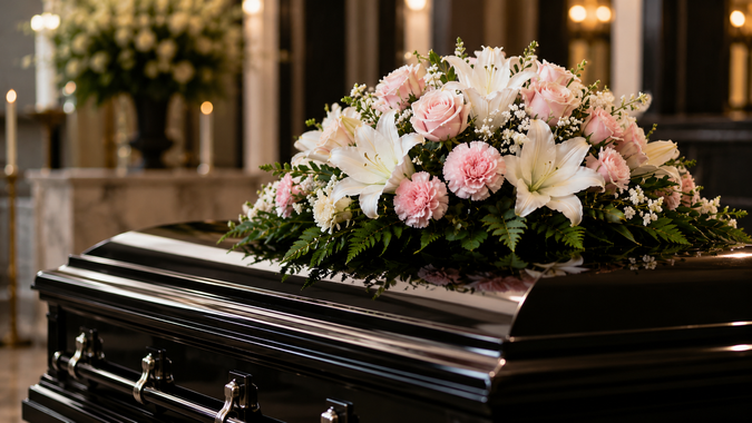 Casket with pink and white floral arrangement at a funeral service
