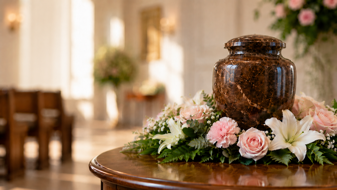 Floral arrangement with pink roses and white flowers around a brown urn on a polished table in a church interior