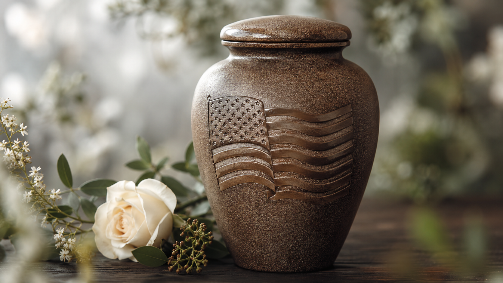 Brown ceramic urn with engraved wing design beside a white rose and greenery on a dark surface