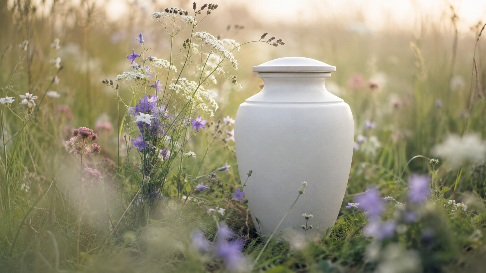 White ceramic urn among wildflowers in a soft, sunlit meadow