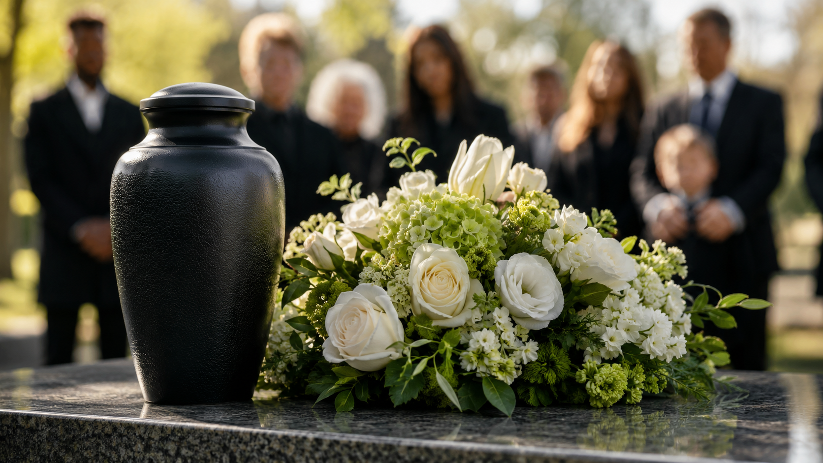 Black urn and white floral arrangement on a gravestone with blurred mourners in the background