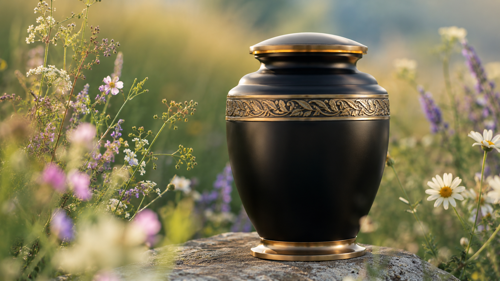 Black decorative urn on a stone among wildflowers in a sunlit garden