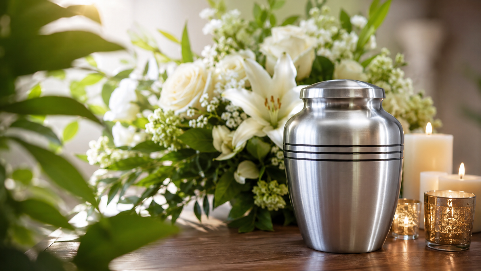 White flowers beside a silver urn on a wooden table, with lit candles in the background.