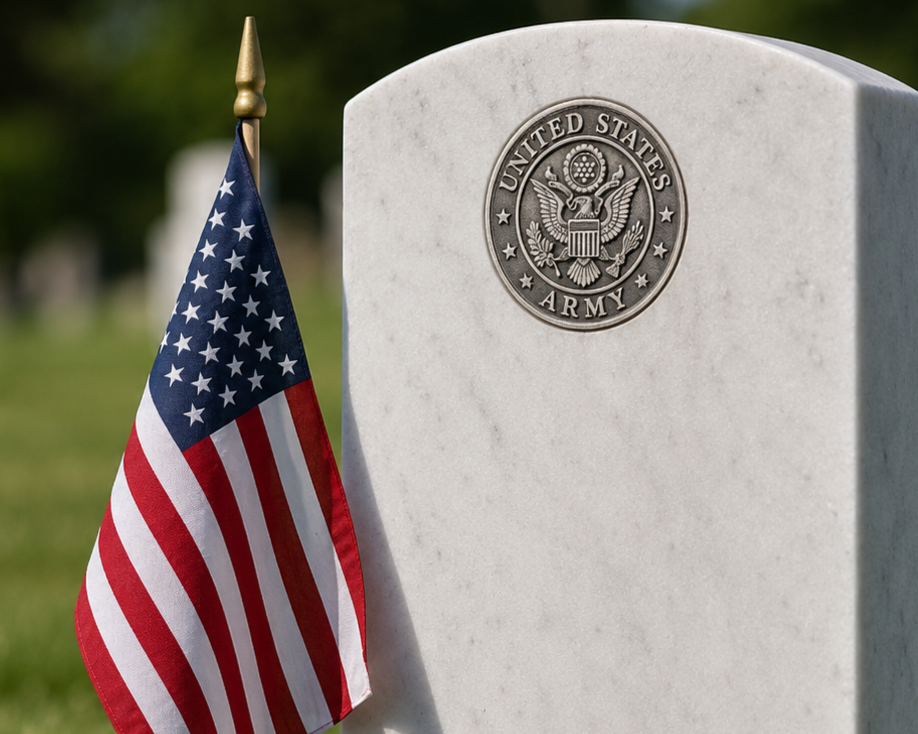 U.S. Army headstone beside an American flag in a cemetery