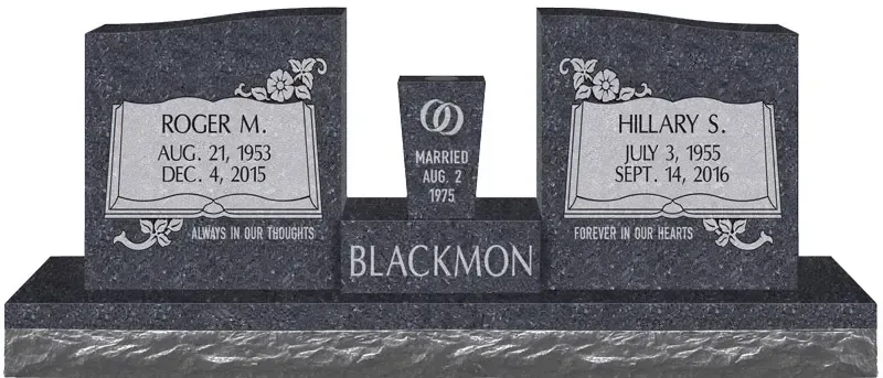 Black granite double headstone with two engraved plaques and the name BLACKMON in the center.