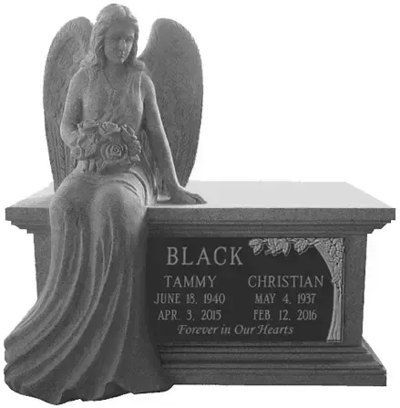 Gray angel statue on a black memorial bench with engraved names and dates