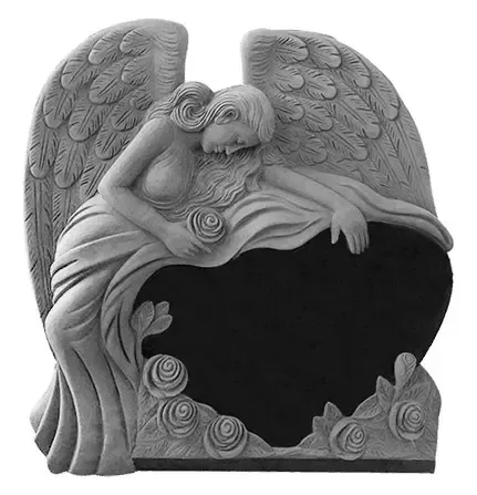 Stone angel with wings and flowing robes, leaning over a dark heart-shaped opening.