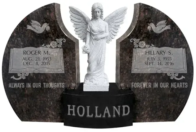 Black memorial headstone with angel statue and plaques for Roger M. and Hilary S. Holland