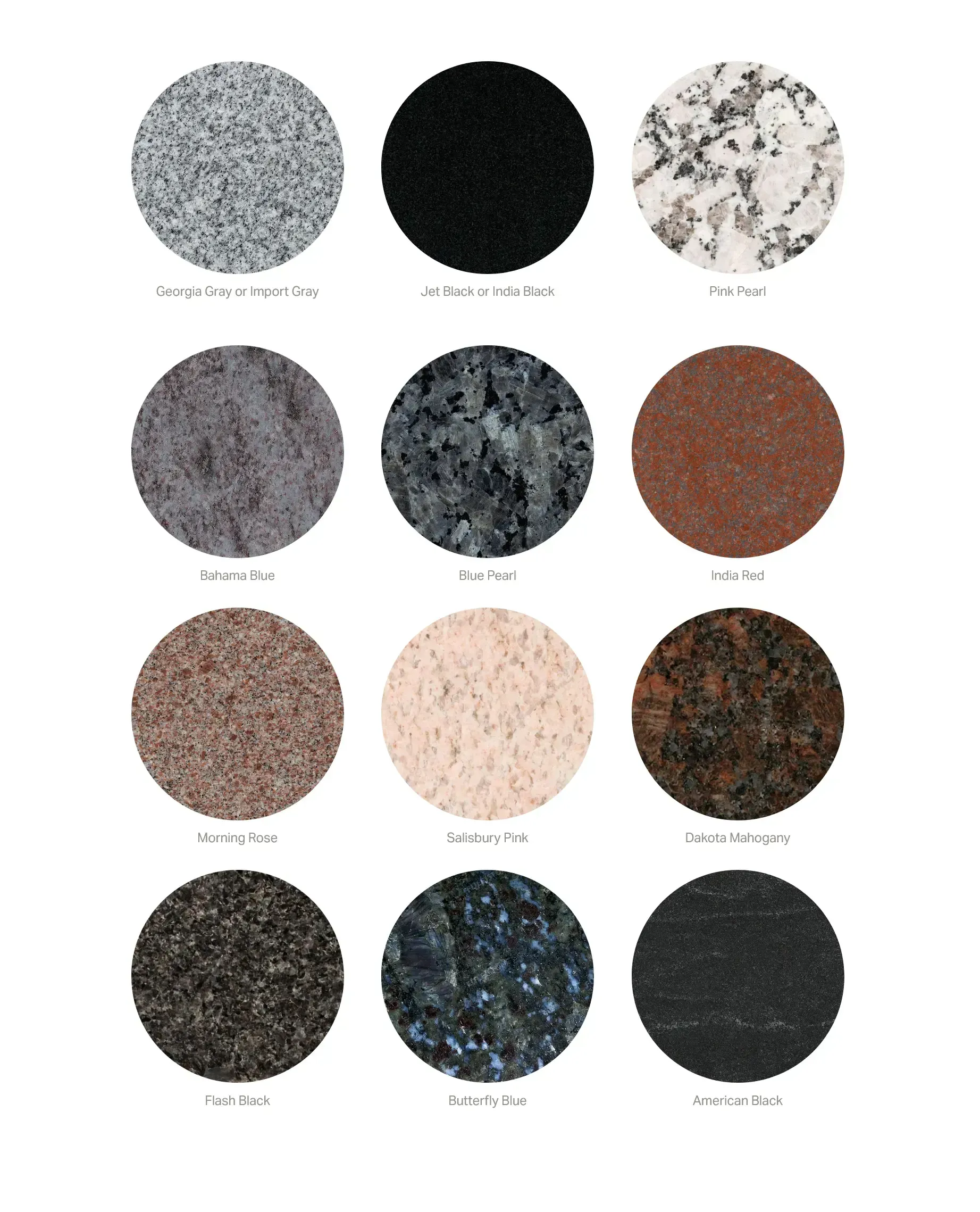 12 circular material samples in varied colors and textures arranged in a 3x4 grid