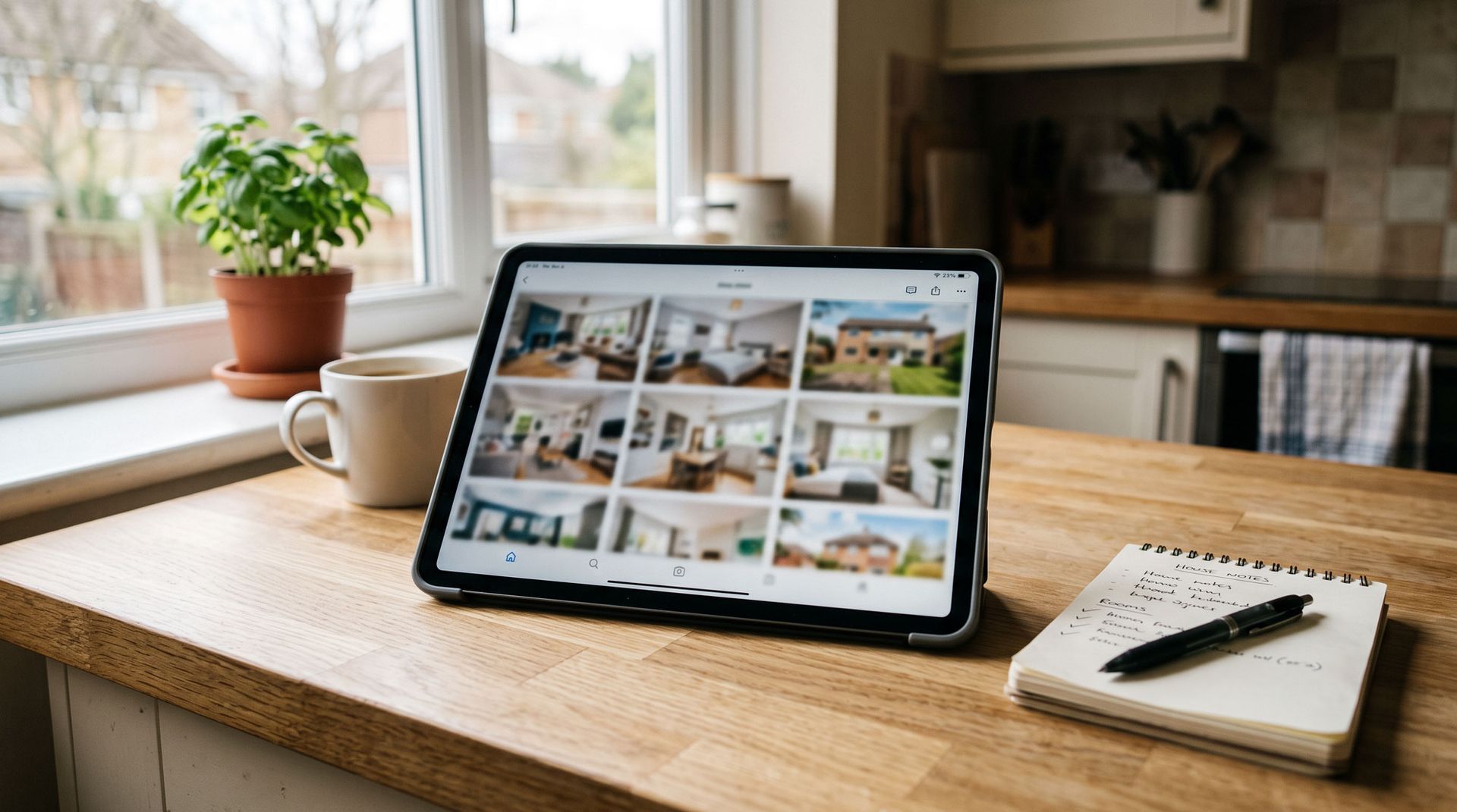 Close-up of a tablet resting on a kitchen countertop inside a home with a grid of property photos