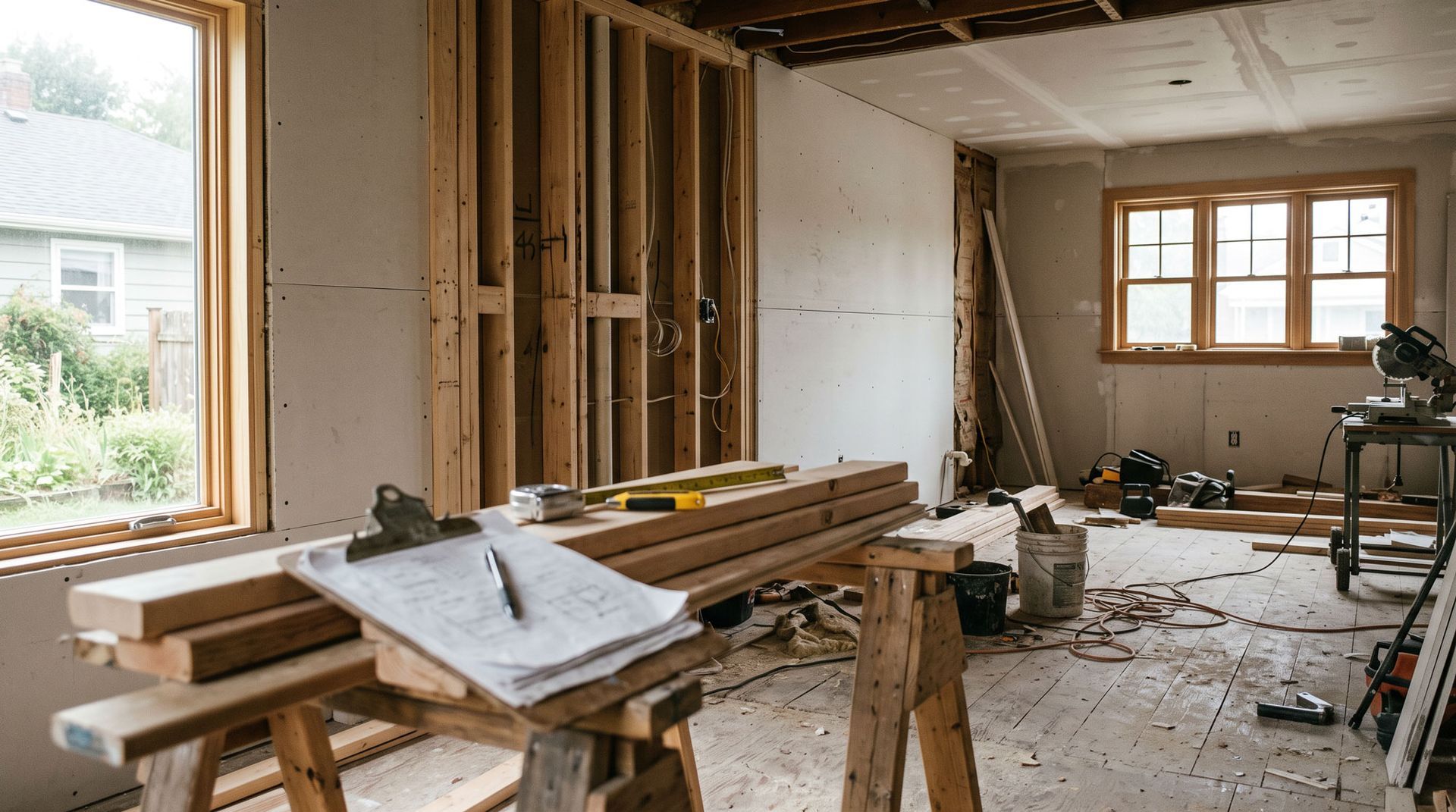 Interior of a home mid-renovation with a stack of papers on a pile of wood in the foreground