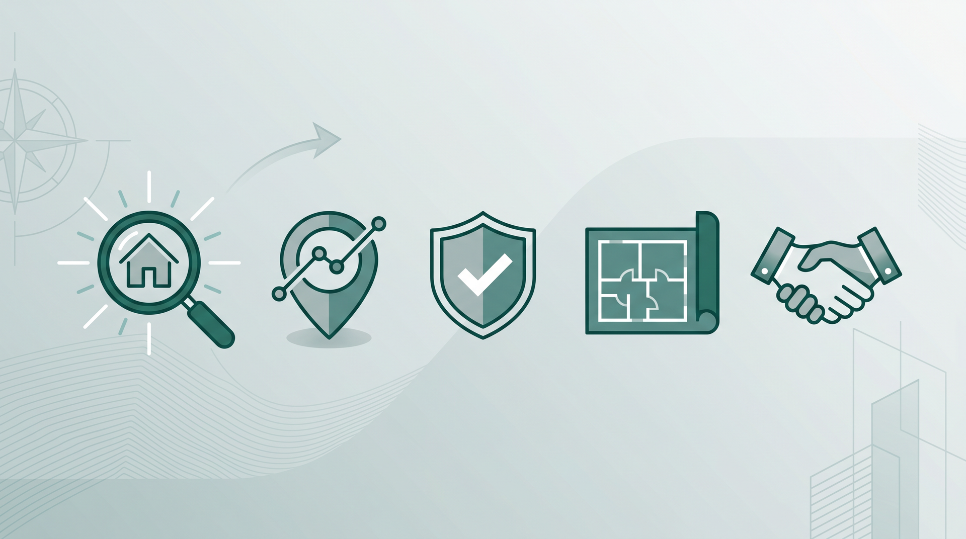 a home search icon, location icon protection shield icon, floorpan icon, and handshake icon