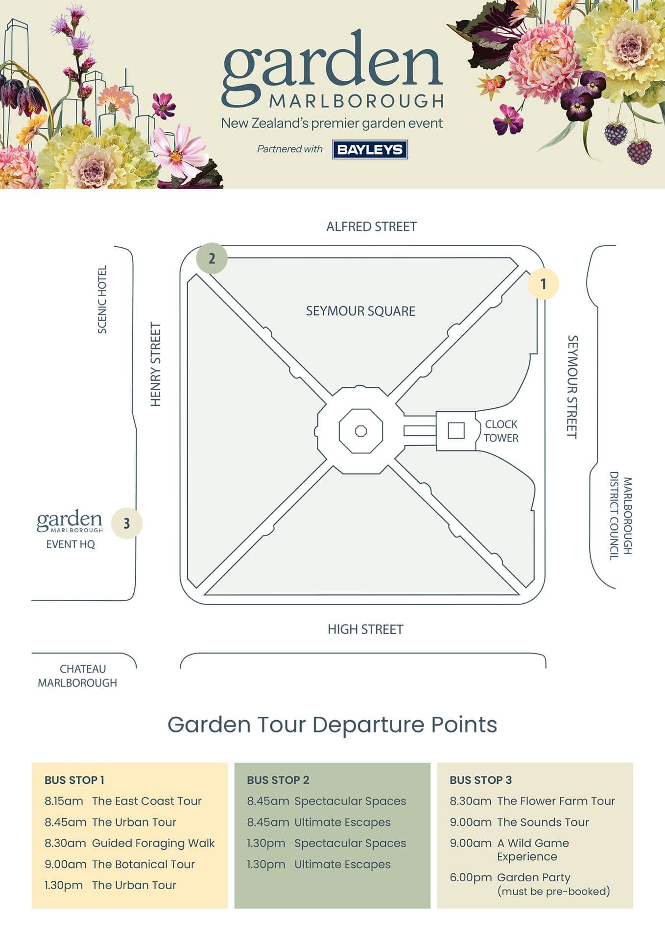 Garden Tours bus stop departure points map