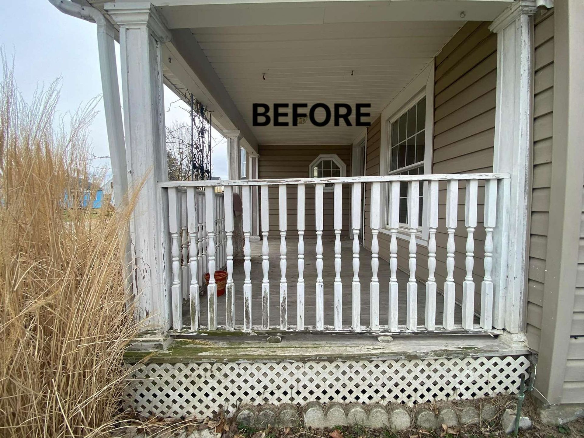 A picture of a porch with a sign that says before.