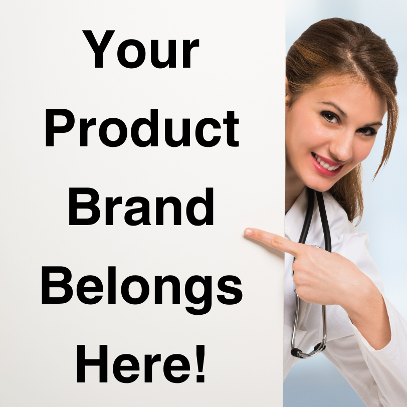 A doctor is pointing at a sign that says your product brand belongs here