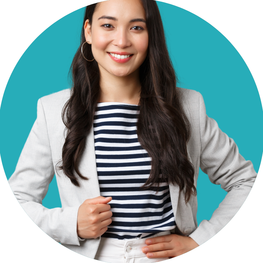 A woman wearing a striped shirt and a white jacket
