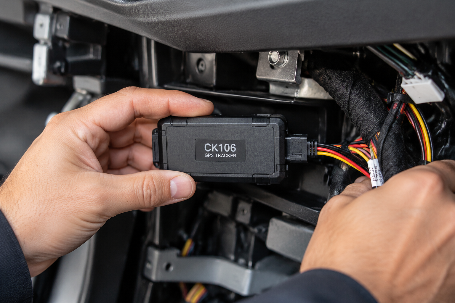 Hands installing a CK106 module inside car dashboard wiring
