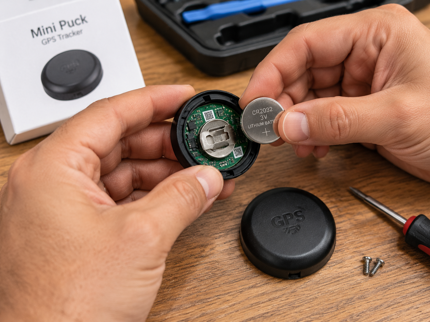 Hands inserting a coin-cell battery into a small electronic device on a wooden table