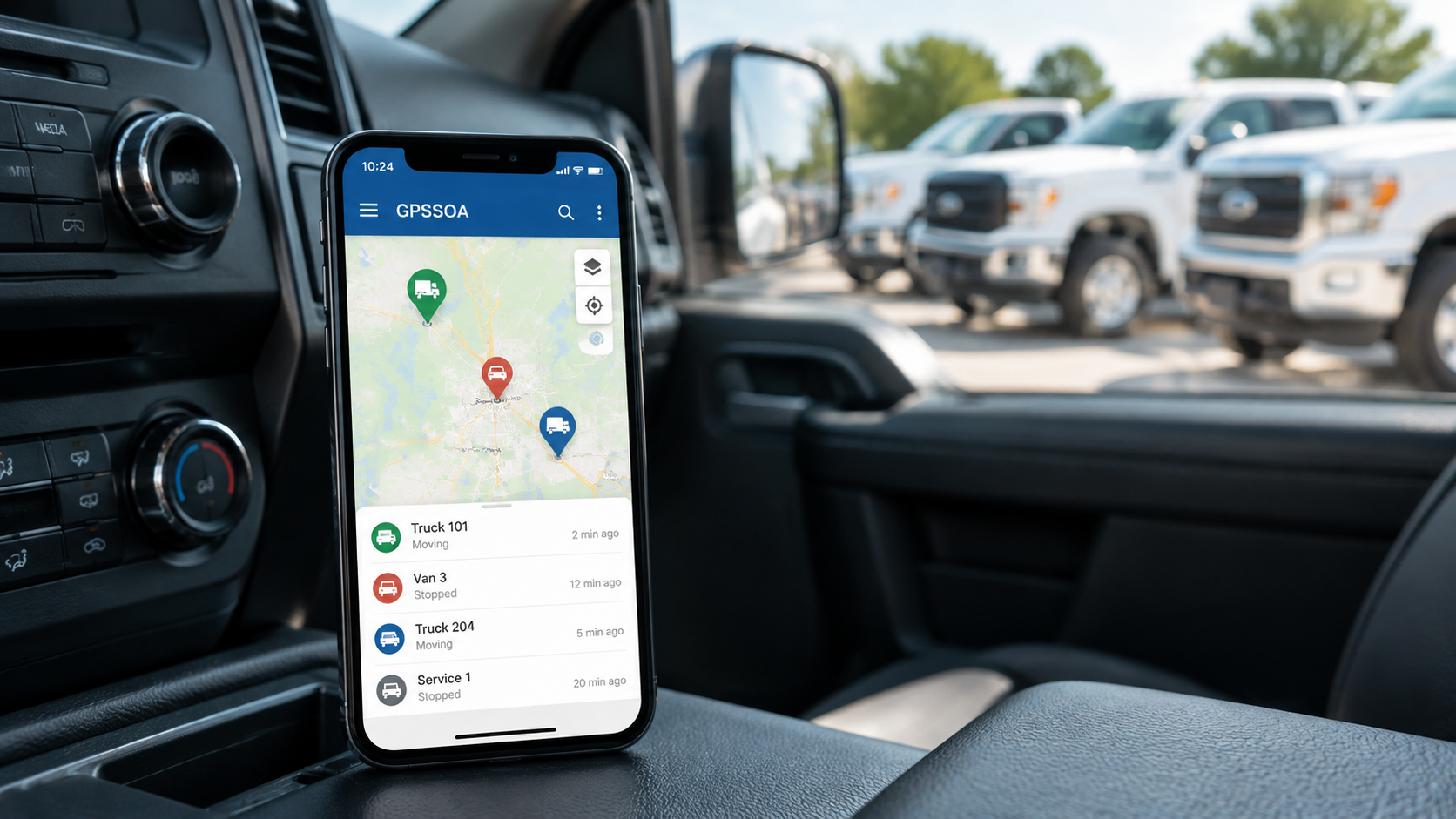 Smartphone on car dashboard showing a navigation map, with parked trucks visible through the windshield.