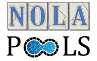 NOLA Pools logo with blue-and-gold lettering and a blue mosaic infinity-shaped pool icon