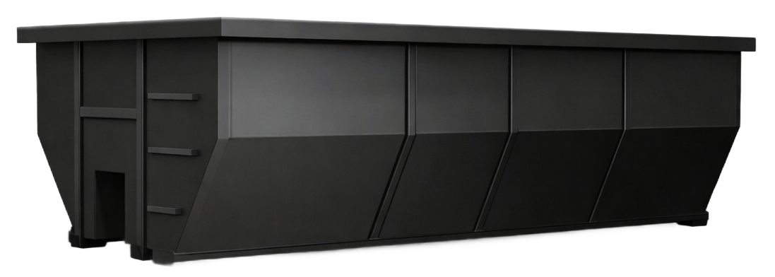 Black rectangular industrial dumpster with side doors and sloped top